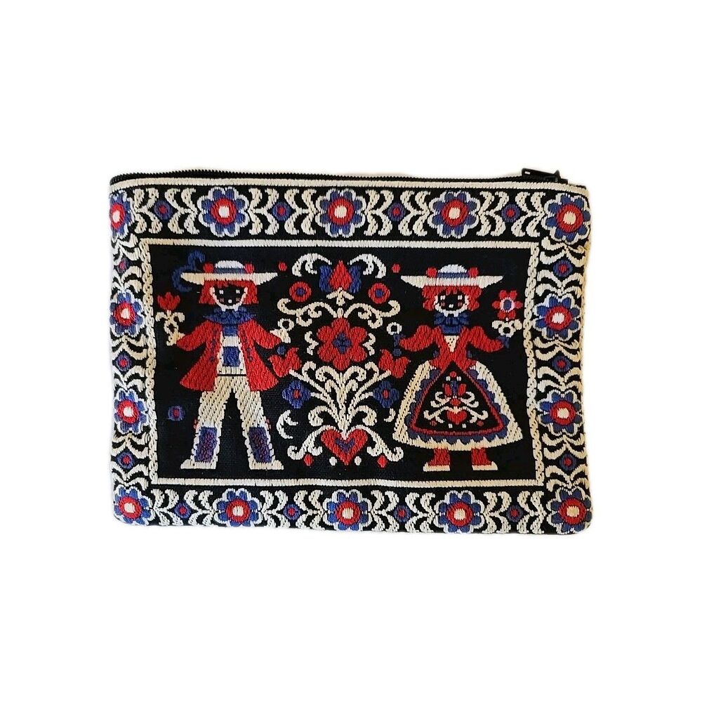 Vintage Handcrafted Mid Century Austrian Zipper Pouch Folk Art  Embroidered